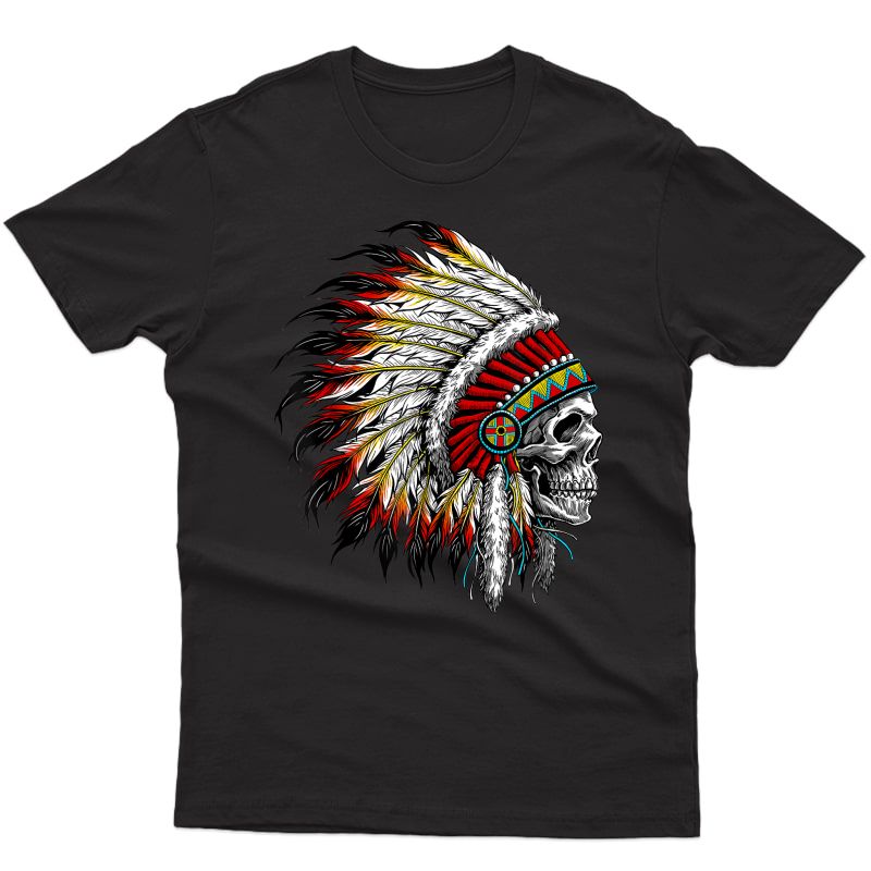 Native American Indian Chief Skull Motorcycle Headdress T-shirt